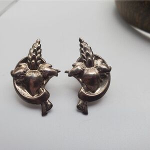 Angel crescent moon Sterling‎ silver screwback earrings Fine jewelry vintage